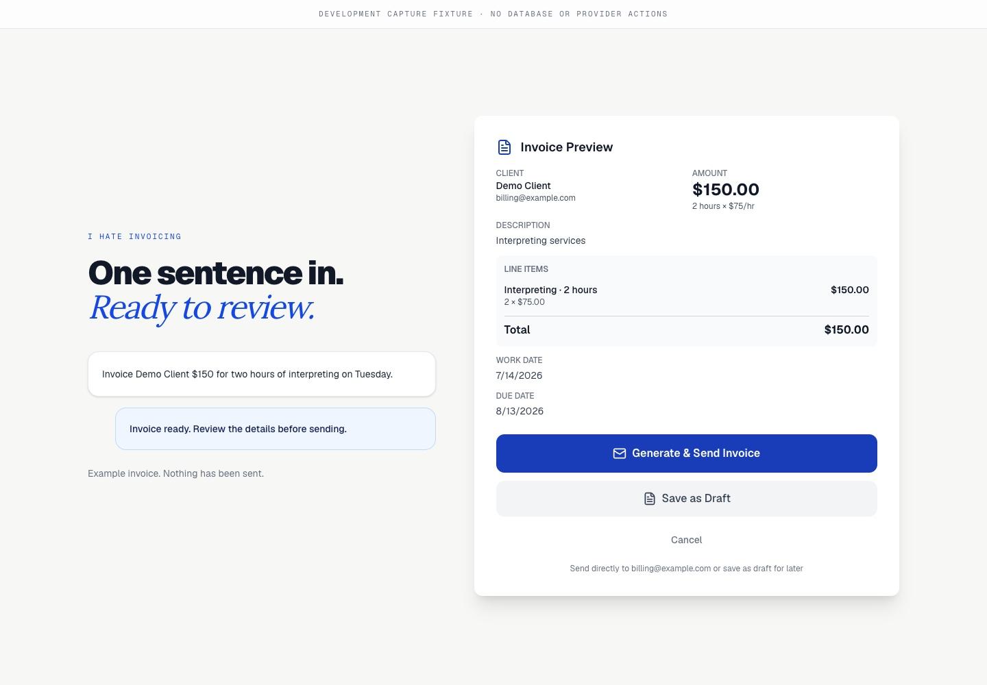 A Demo Client invoice ready for review, showing the $150 total and an unsent state