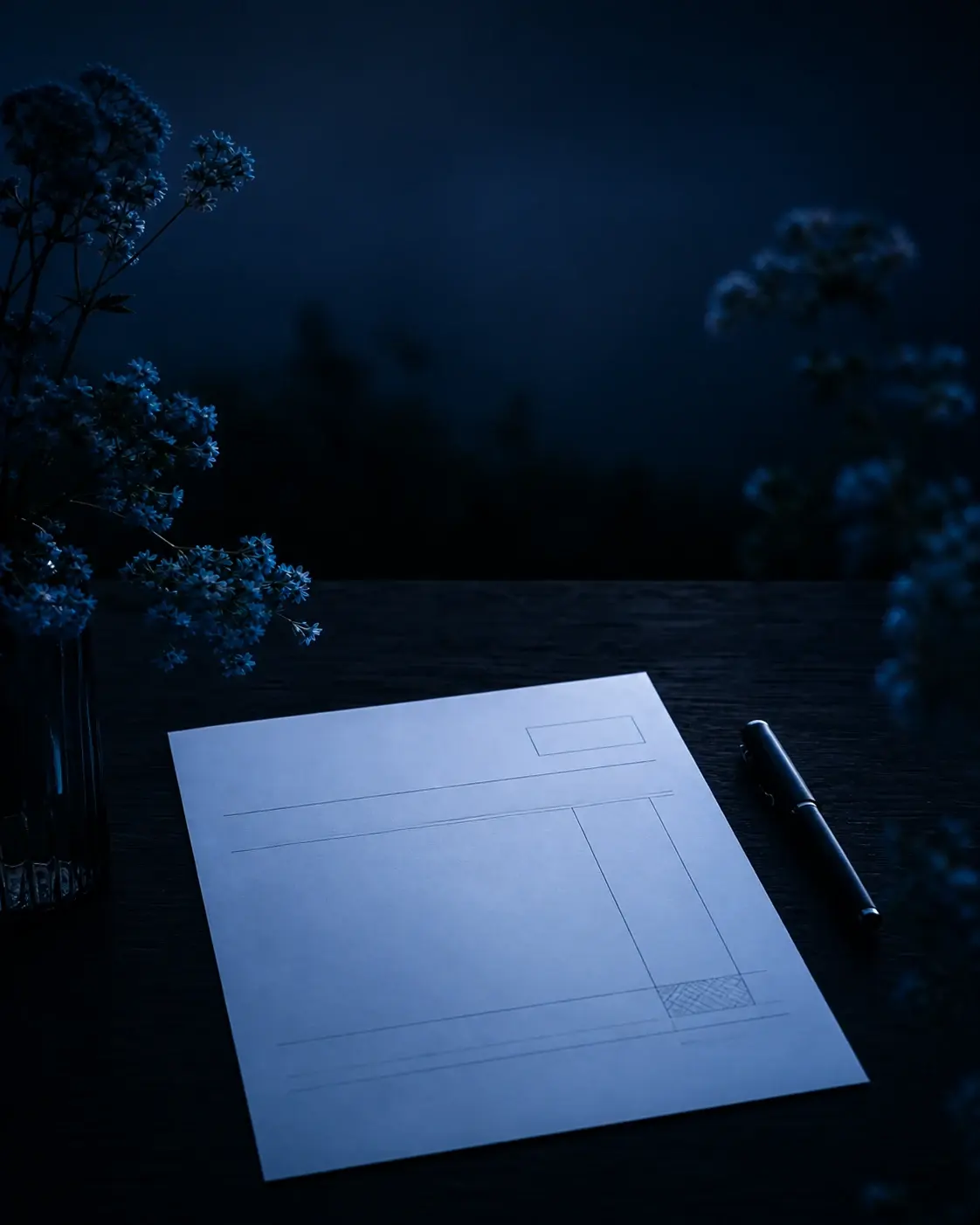A finished invoice resting on a desk in blue-hour light